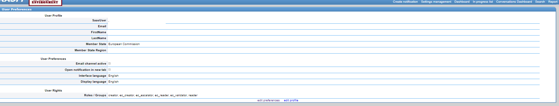 iRASFF dashboard in the selected language