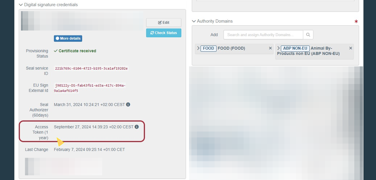 image of the digital signature tab in TRACES with the access token expiration date highlighted