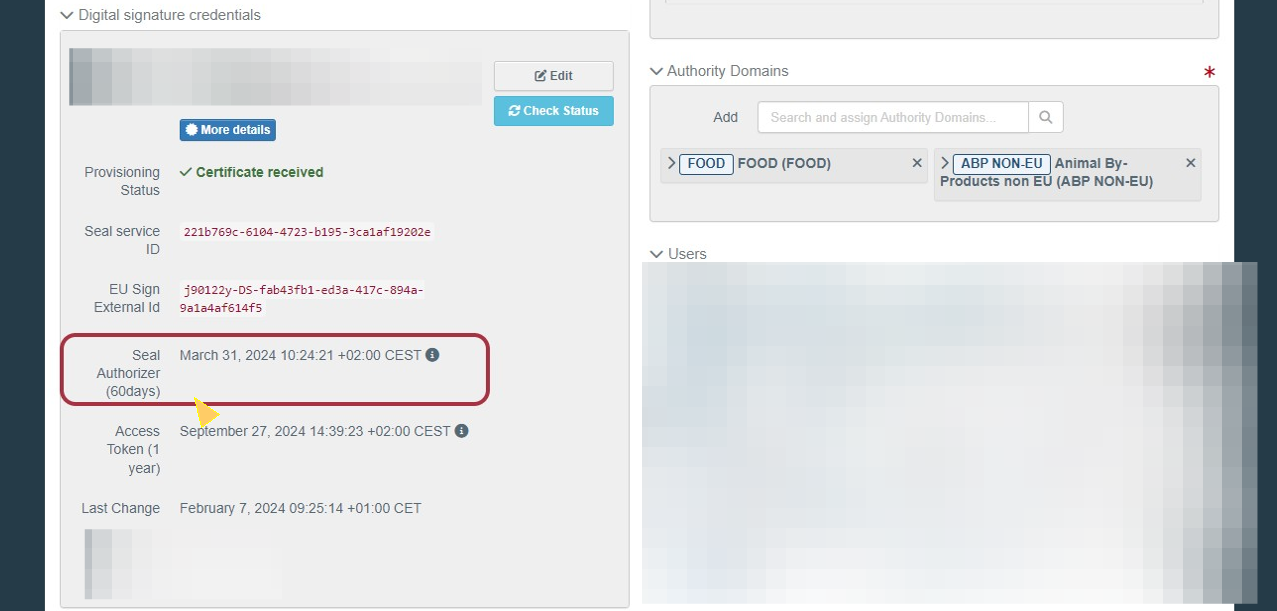 image of the digital signature tab in TRACES with the authorizer expiration date highlighted