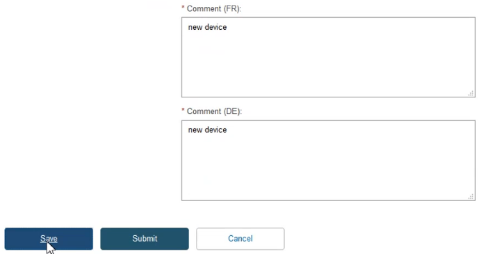EUDAMED comment field and save, save and next and cancel buttons
