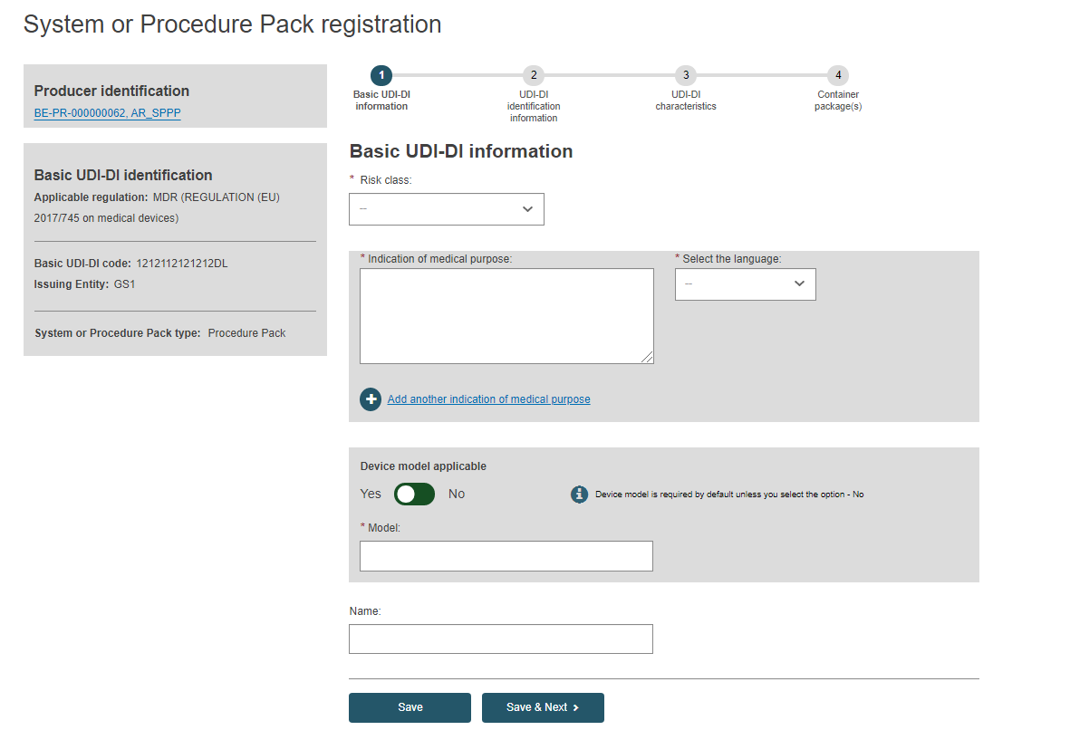 EUDAMED basic udi-di information when registering a basic udi-di together with a udi-di for a system or procedure pack