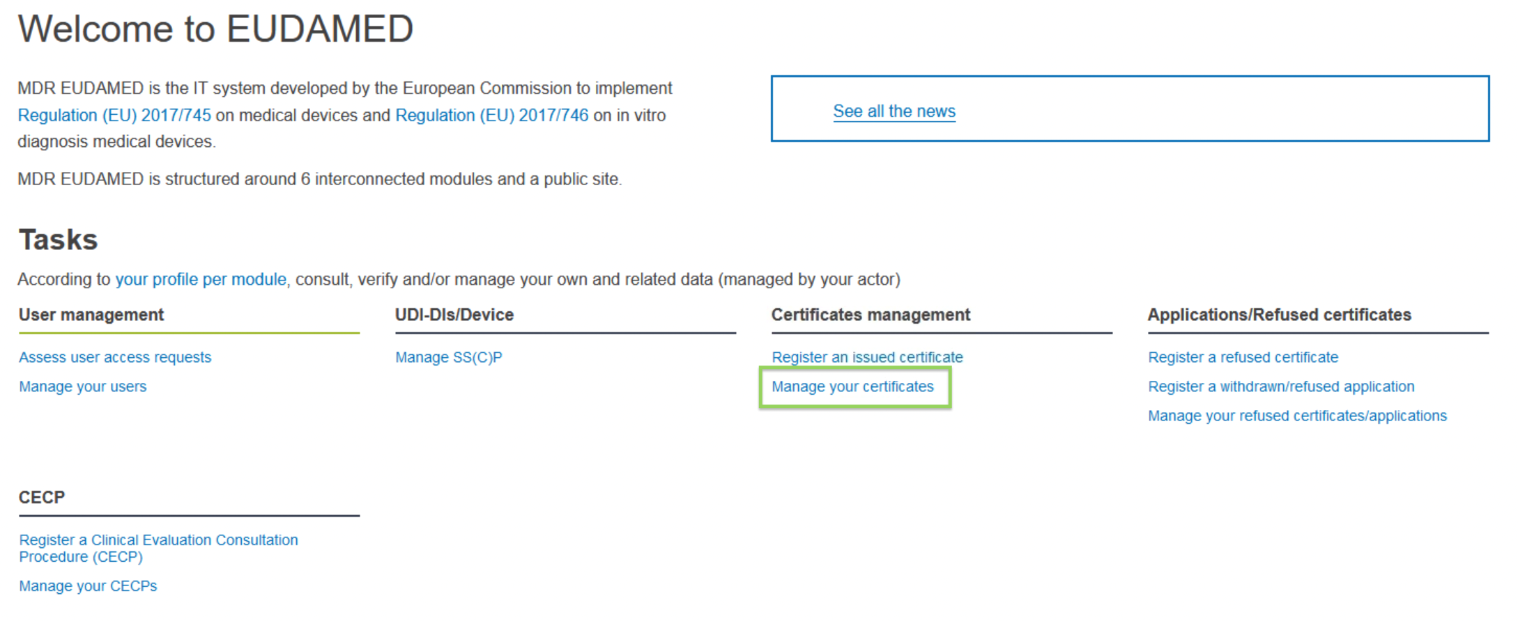 EUDAMED manage your certificates link on the dashboard