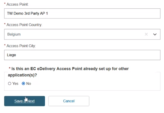 EUDAMED name, country and city of the access point fields and save and next button when requesting the use of a new access point