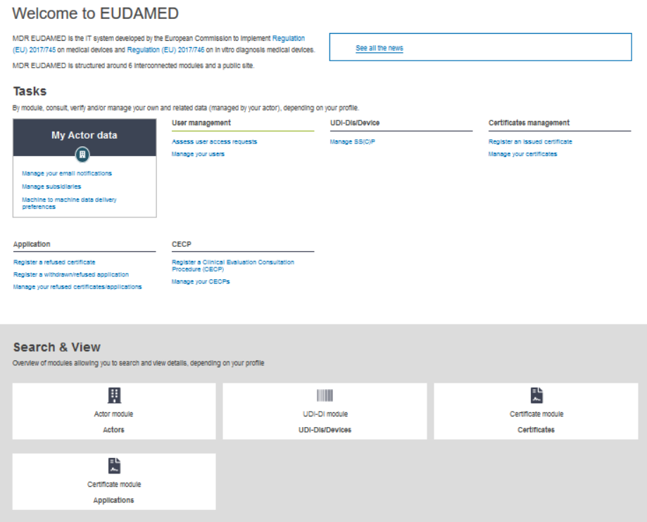 EUDAMED search and view link on the dashboard