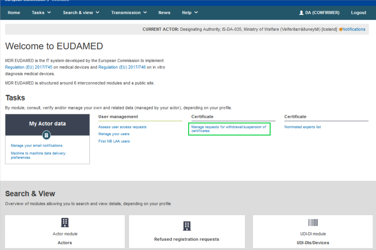 EUDAMED manage requests for withdrawal suspension of certificates link on the dashboard