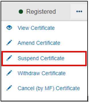 EUDAMED suspend certificate link under the three dots