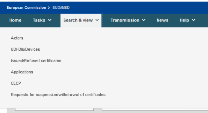 EUDAMED applications link under the search and view header menu