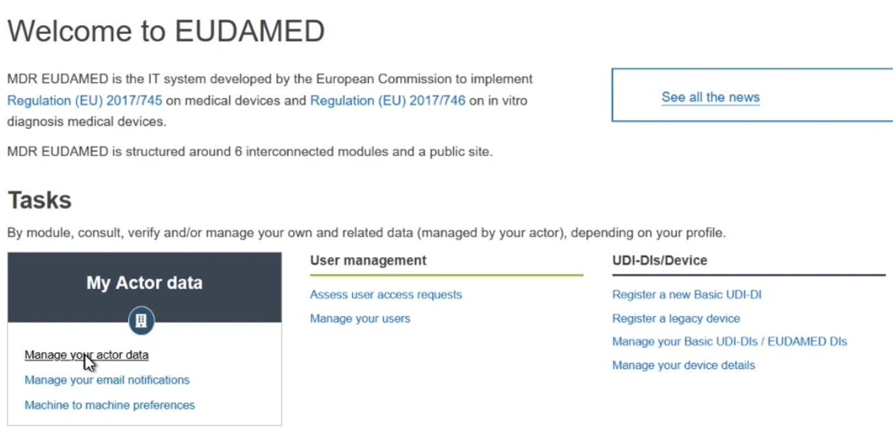 EUDAMED manage your actor data link