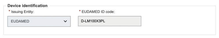EUDAMED issuing entity and eudamed id code fields in the device identification information step