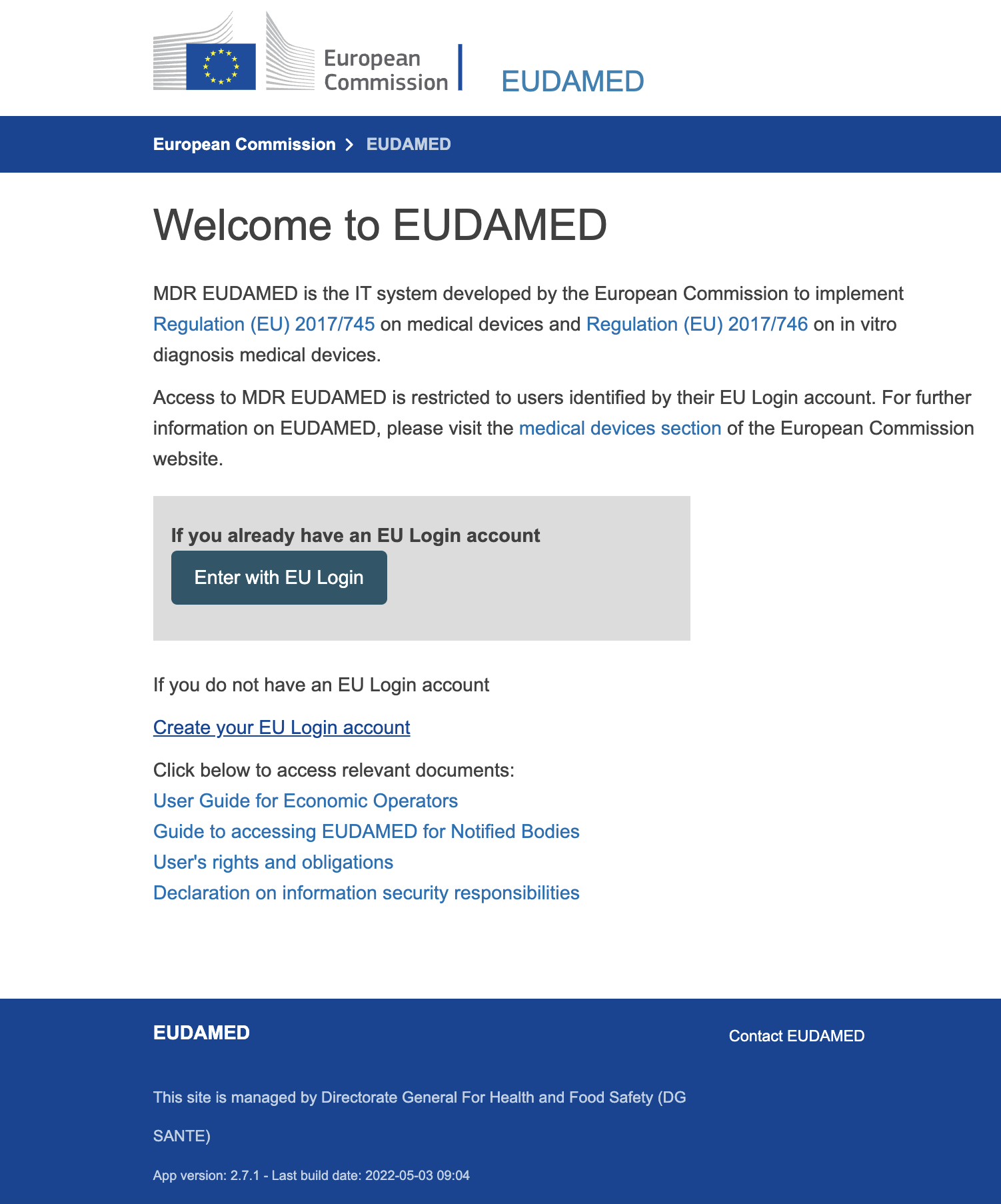 EUDAMED landing page