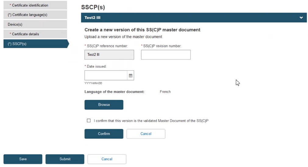 EUDAMED fields in the create a new version of this sscp document screen
