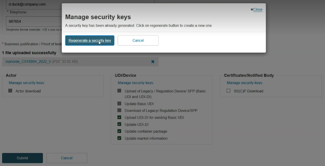 EUDAMED regenerate a security key button in the manage security keys pop-up window