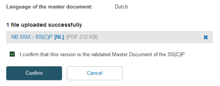 EUDAMED link to the uploaded document, tick box to confirm and confirm and cancel buttons