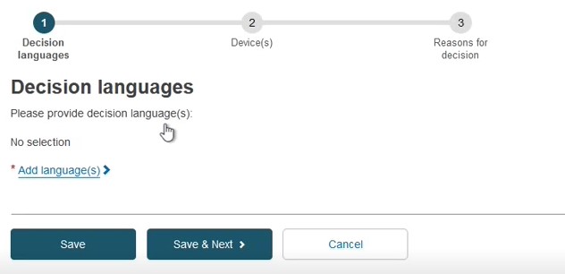 EUDAMED add languages link in the decision languages section and save, save and next and cancel buttons
