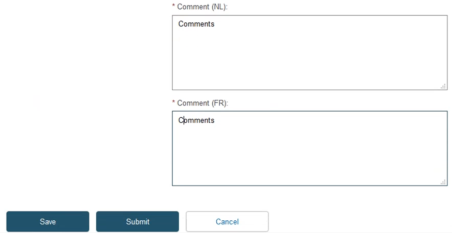 EUDAMED comments field for all selected languages of the certificate and save, submit and cancel buttons