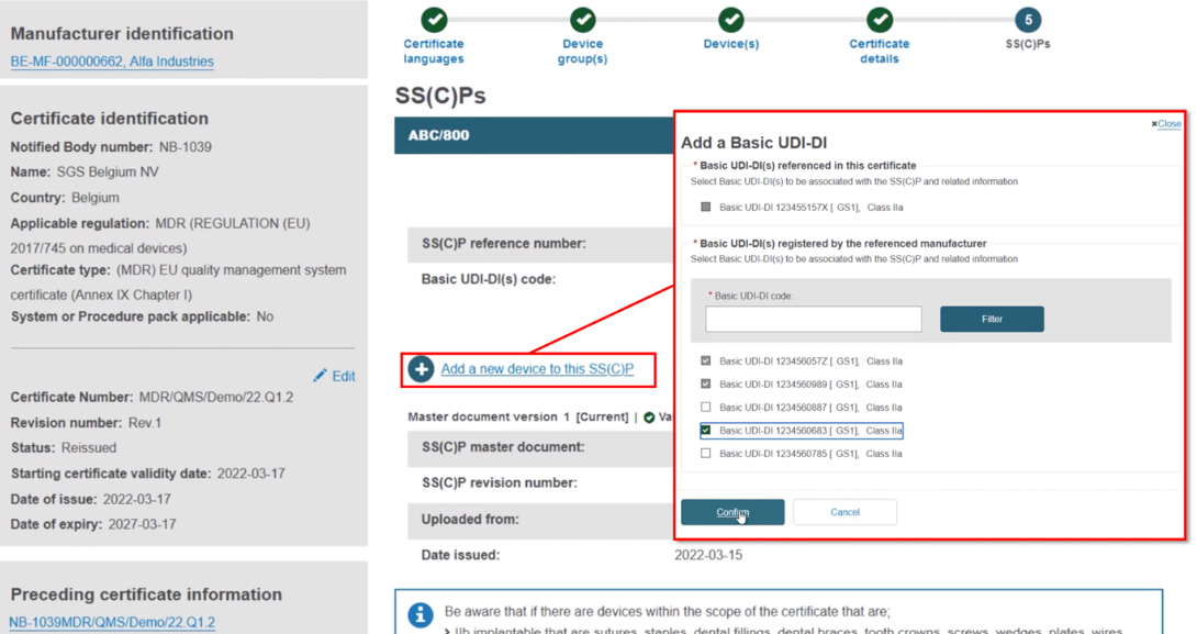 EUDAMED add a new device to this sscp link and fields in the add a basic udi-di pop-up window