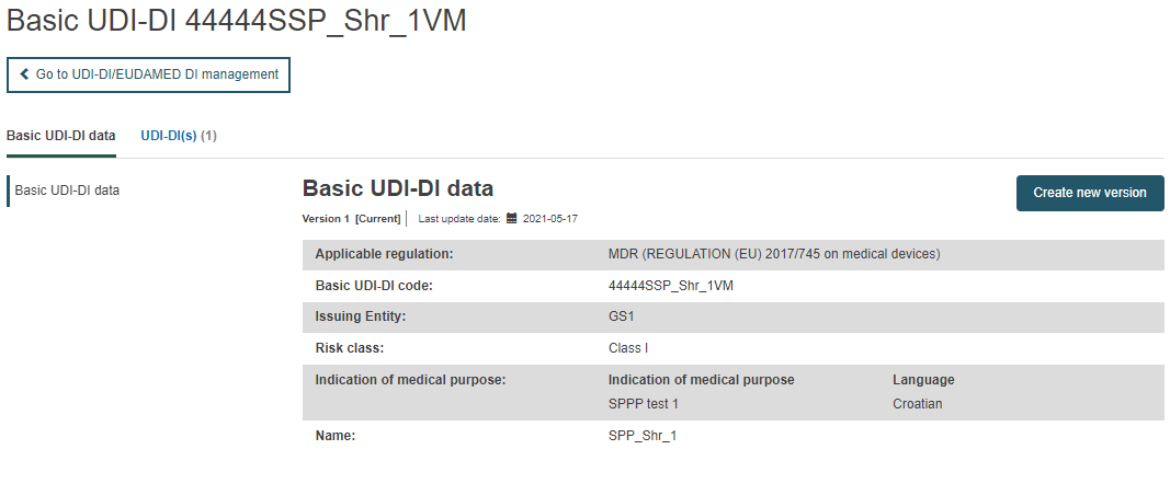 EUDAMED details on the basic udi-di data section and create new version button