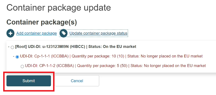 EUDAMED submit and cancel buttons in the container package update page