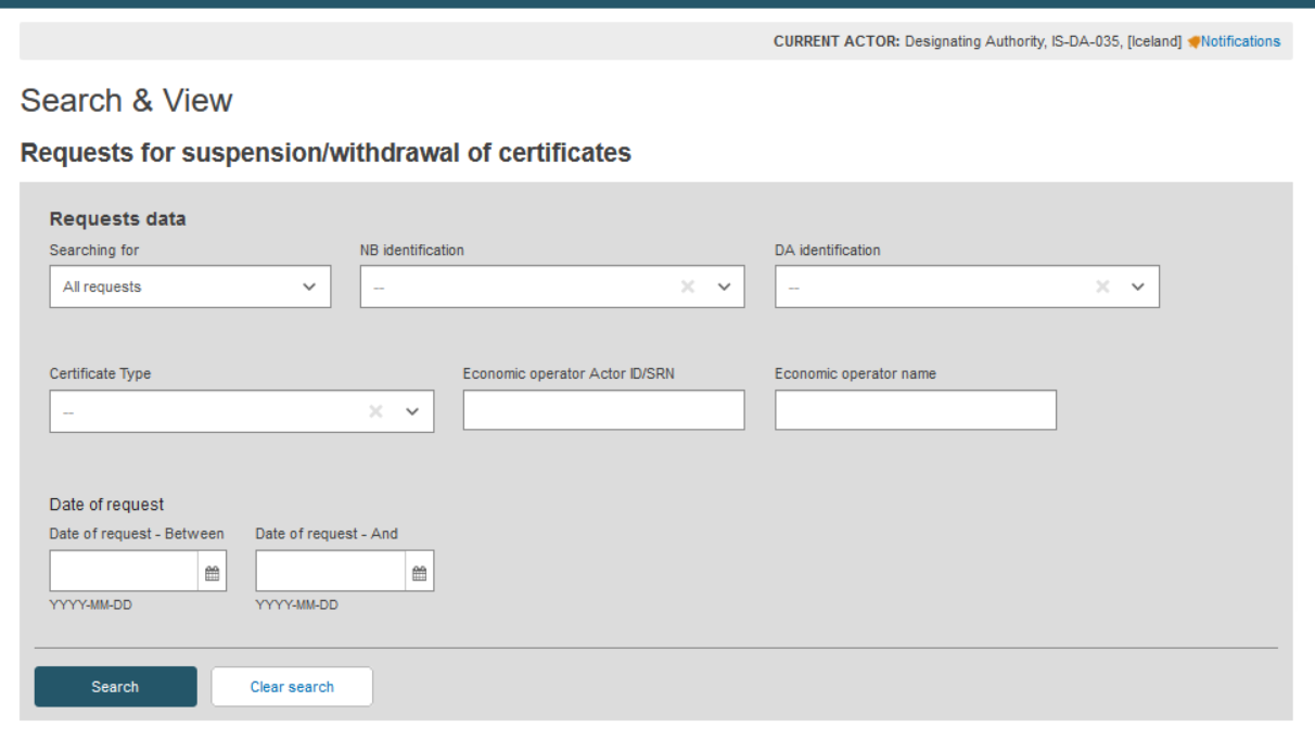 EUDAMED fields for search criteria for requests for suspension/withdrawal of certificates