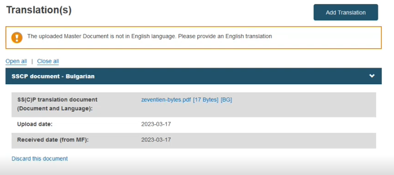 EUDAMED add translation button and translation documents in the translations section