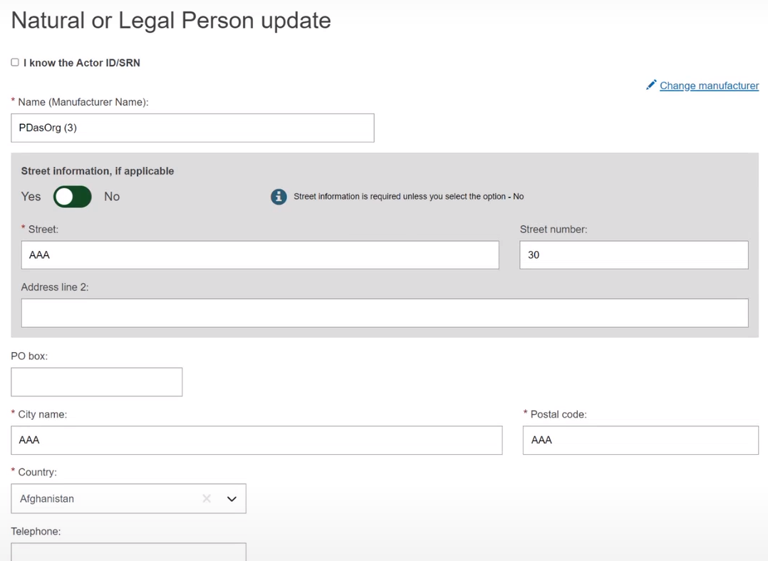 EUDAMED fields in the natural or legal person update page