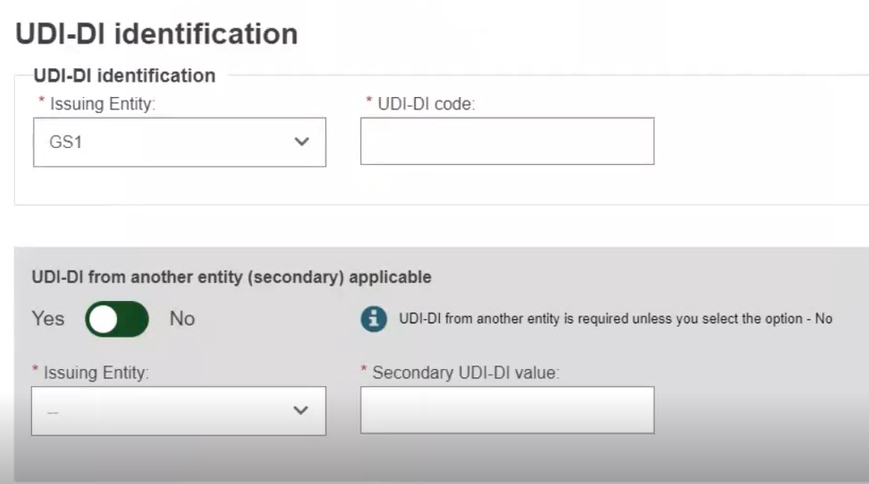 EUDAMED secondary udi-di from a different issuing entity in udi-di identification information page