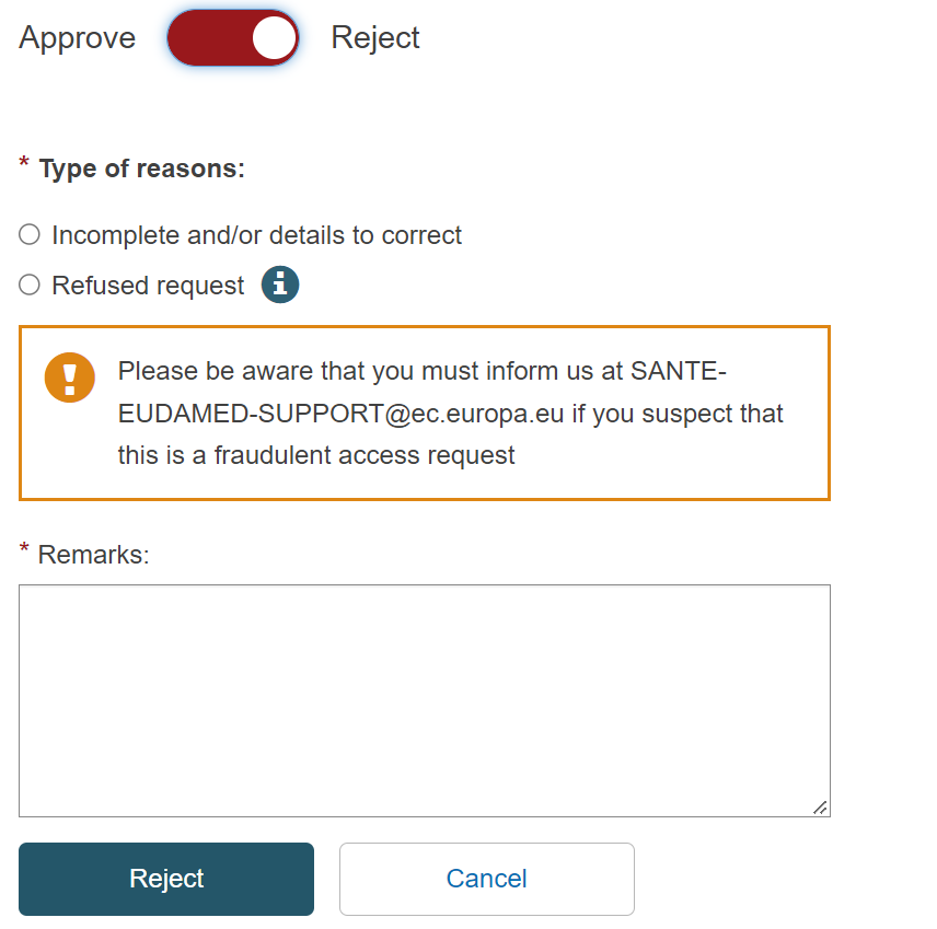EUDAMED reject access registration request toggle button, types of reasons and remarks fields when validating Economic Operator access requests