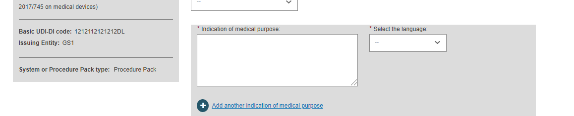 EUDAMED indication of medical purpose and language fields in the basic udi-di main information step