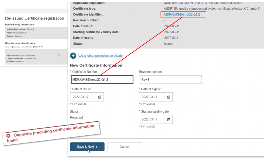 EUDAMED fields in the new certificate information section and save and next and cancel buttons