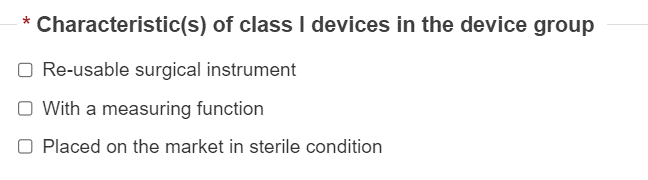 EUDAMED characteristics of class I devices in the device group field