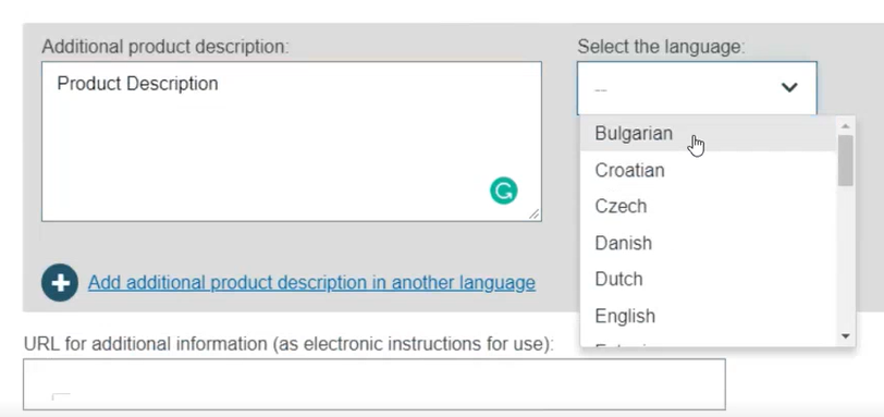 EUDAMED additional product description and select the language fields