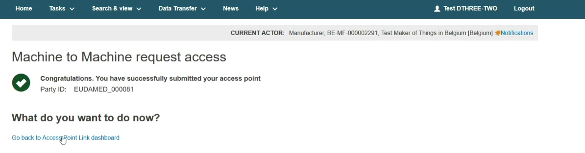 EUDAMED go back to access point link dashboard link when requesting the use of a new access point