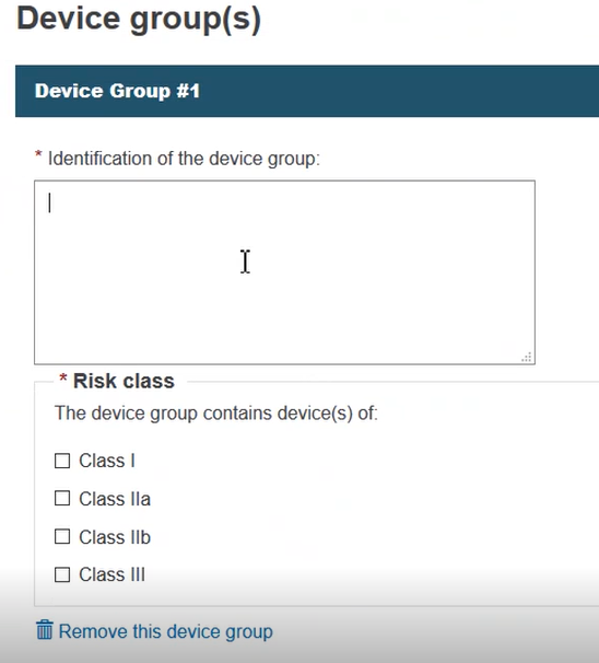 EUDAMED identification of the device group and risk class fields and remove this device group link
