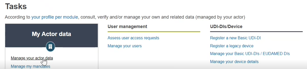 EUDAMED manage your actor data link on the dashboard