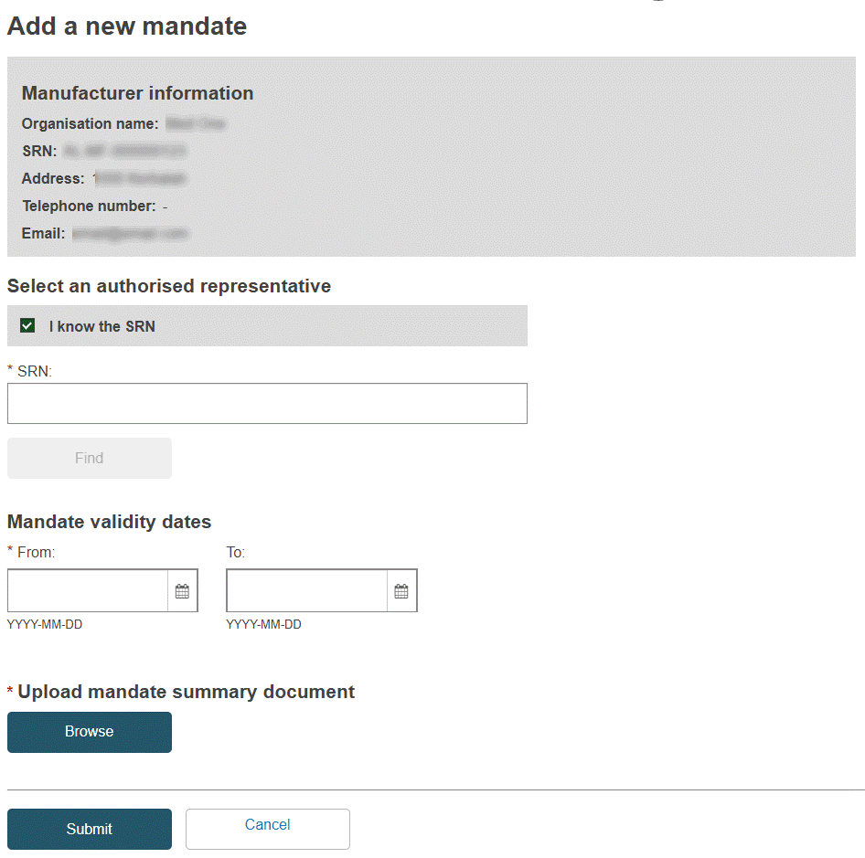 EUDAMED fields in the add a new mandate page