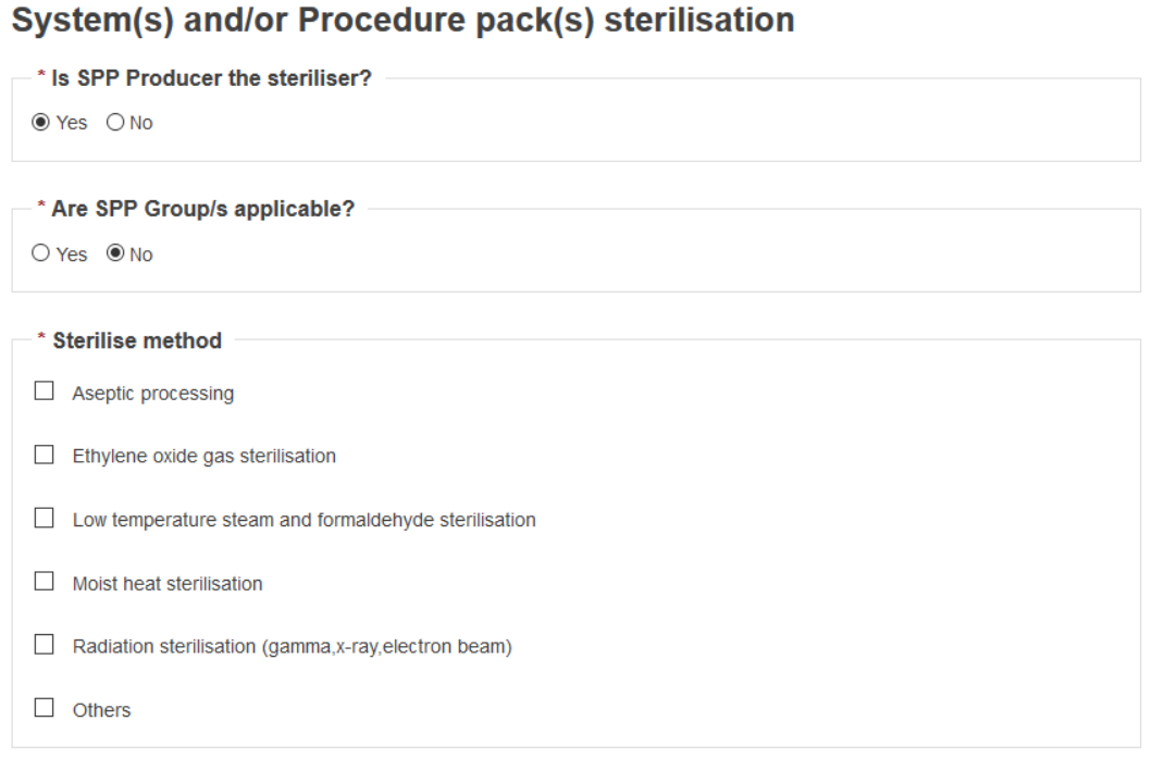 EUDAMED fields in the systems and/or procedure packs sterilisation page