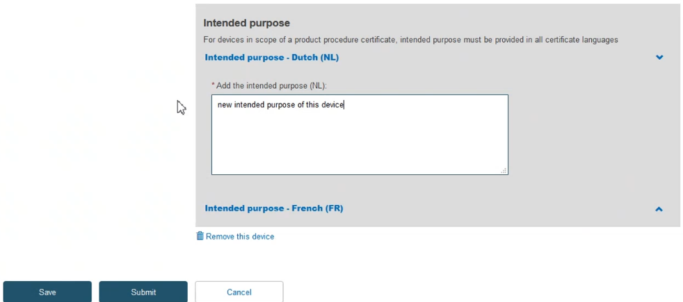 EUDAMED intended purpose field for all certificate's languages, remove this device link and save, submit and cancel buttons
