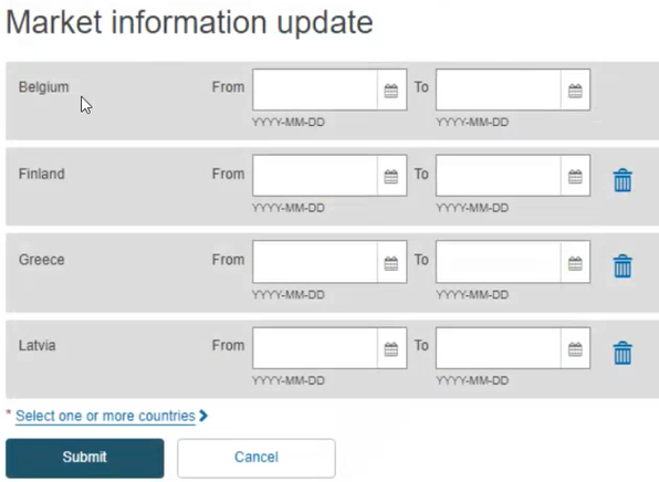 EUDAMED fields in the market information update page and submit and cancel buttons