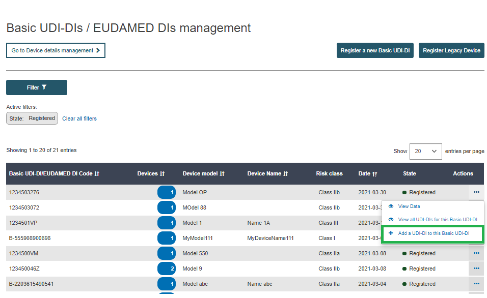 EUDAMED add a new udi-di to this basic udi-di link under the three dots in the basic udi-dis/eudamed dis management page