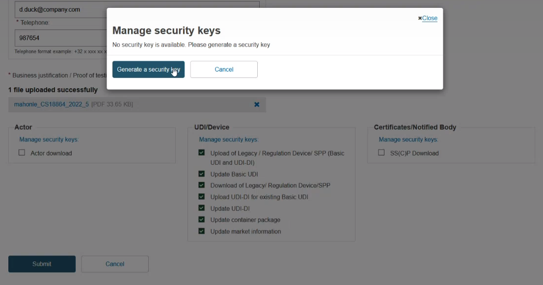 EUDAMED manage security keys pop-up window and generate a security key button