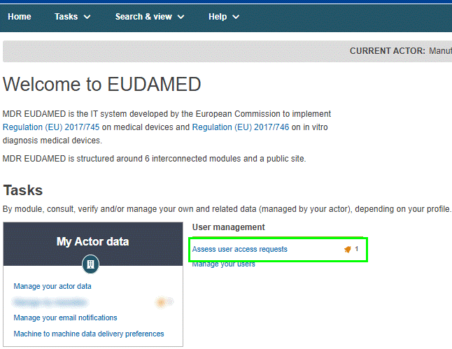 EUDAMED Assess user access requests link in the user management page