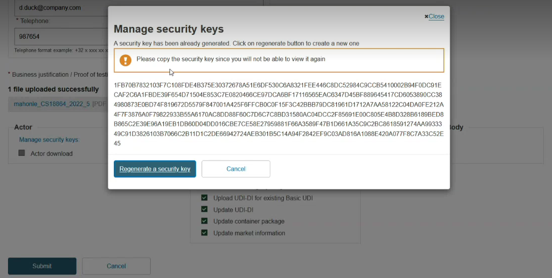 EUDAMED the regenerated security key in the manage security keys pop-up window