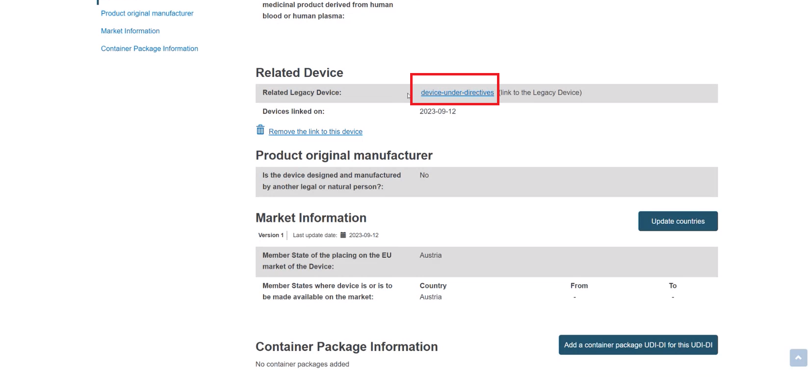 EUDAMED link to the legacy device under the related device section
