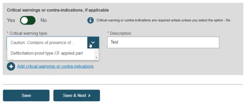 EUDAMED details on critical warnings or contra-indications in the udi-di characteristics page