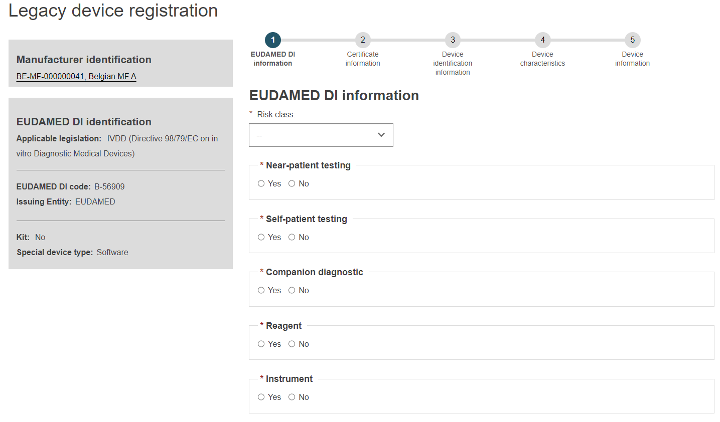 EUDAMED risk class field in the eudamed di identification step when registering legacy devices
