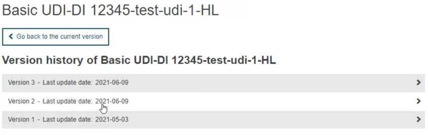 EUDAMED list of all versions for the selected basic udi-di