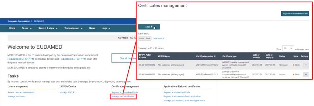 EUDAMED manage your certificates link on the dashboard and certificates management page