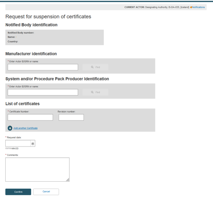 EUDAMED fields in the request for suspension of certificates page