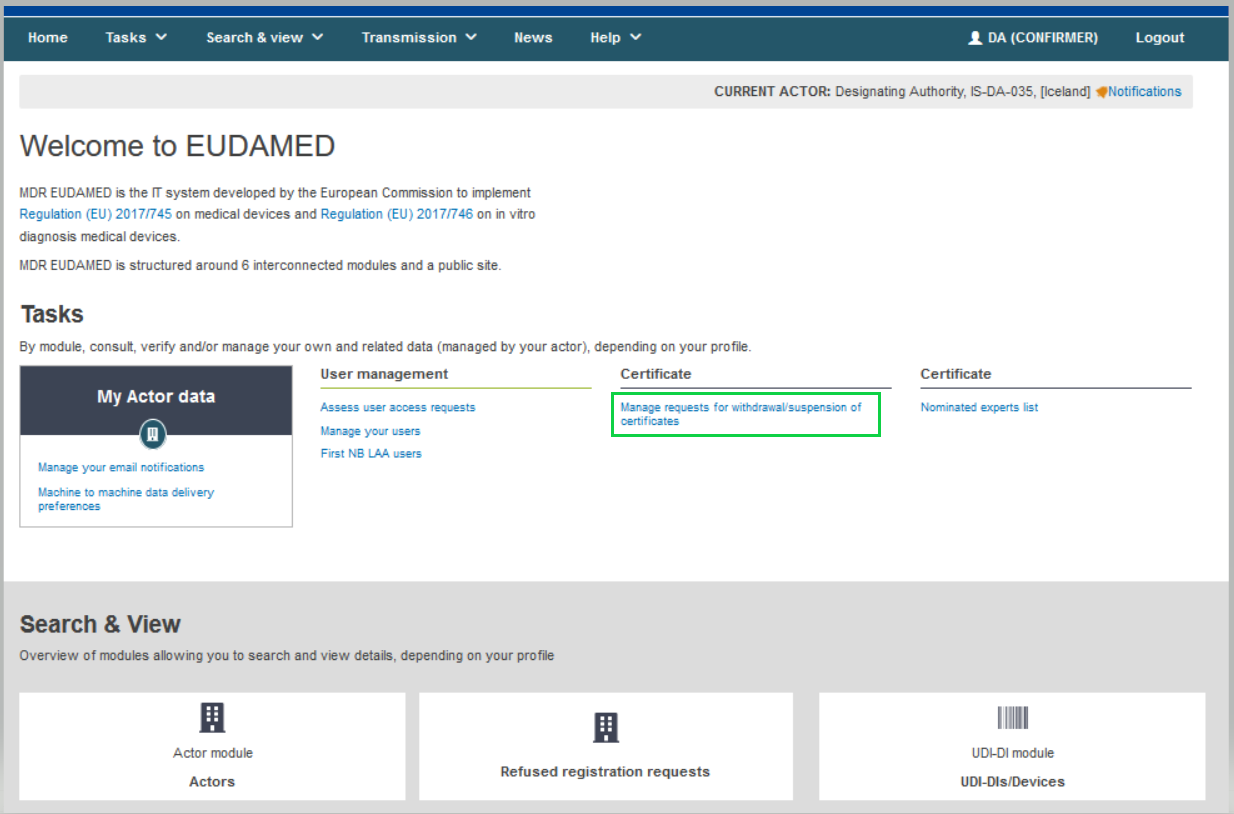 EUDAMED manage requests for suspension/withdrawal of certificate link on the dashboard