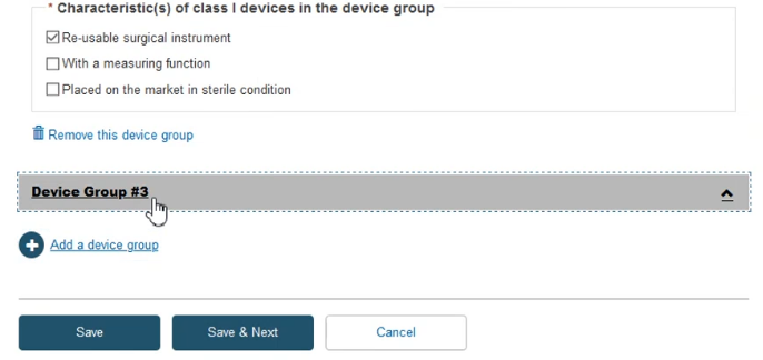 EUDAMED clickable device group, remove this device group and add a device group links and save, save and next and cancel buttons